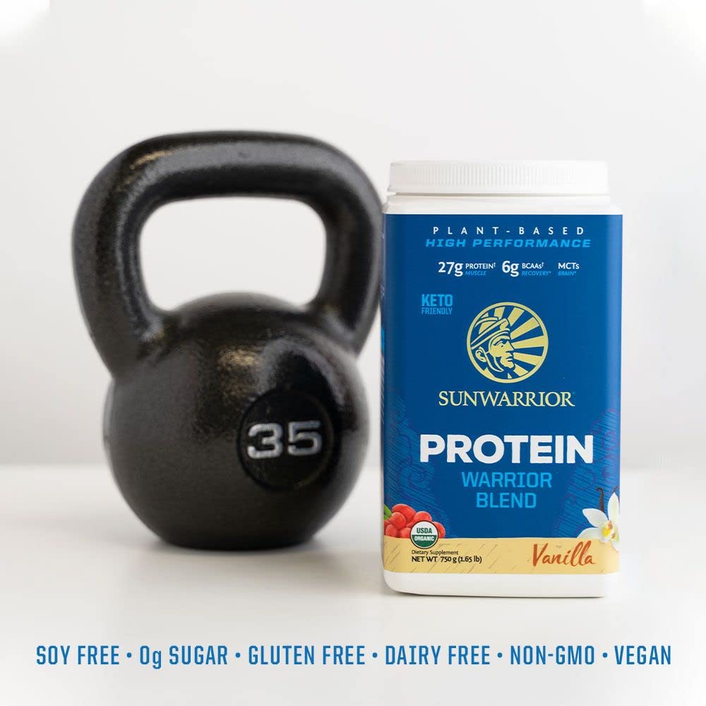 Sunwarrior vanilla vegan protein blend in a mixing glass for smoothies