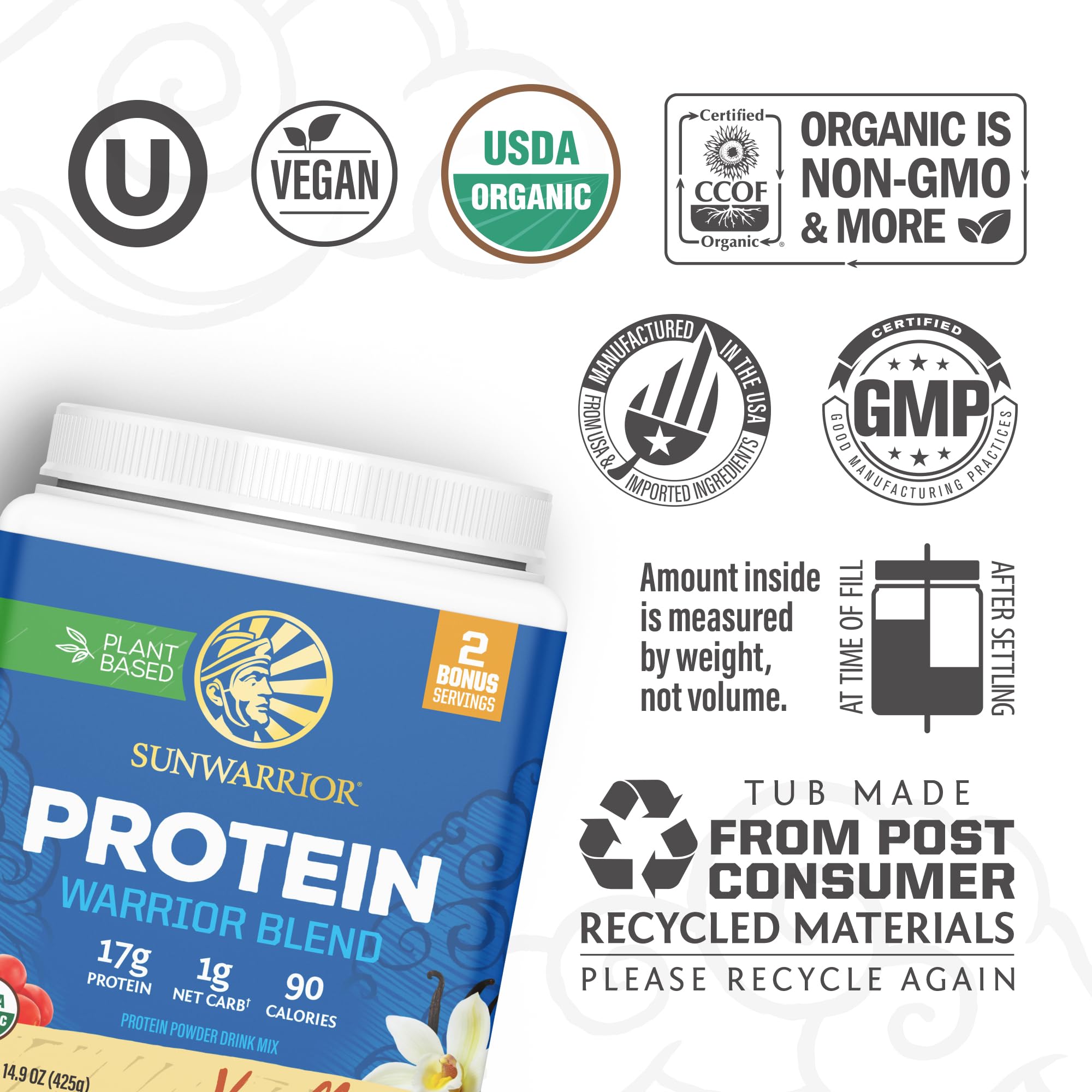 Sunwarrior vanilla vegan protein label close-up highlights clean ingredients