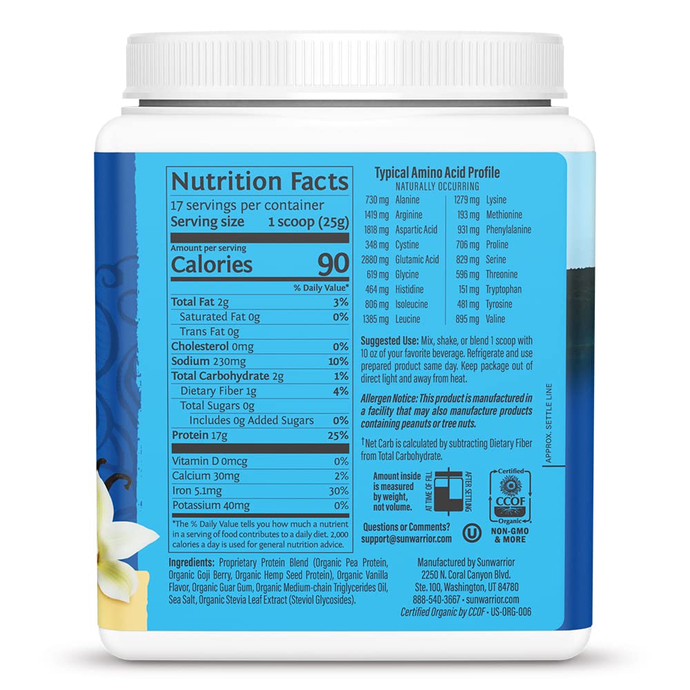 Sunwarrior vanilla vegan protein powder close-up showing creamy texture for smooth shakes