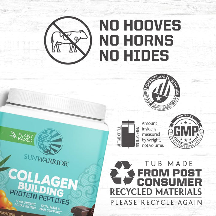 Sunwarrior collagen-building powder glass shows a smooth, mix-ready drink.