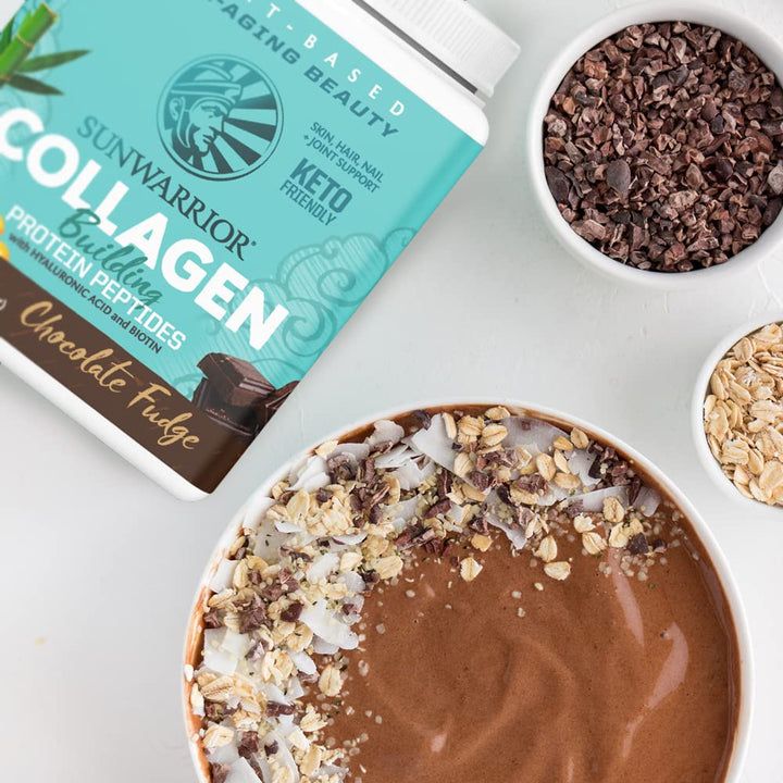 Sunwarrior vegan collagen-building powder label close-up shows organic vegan ingredients.