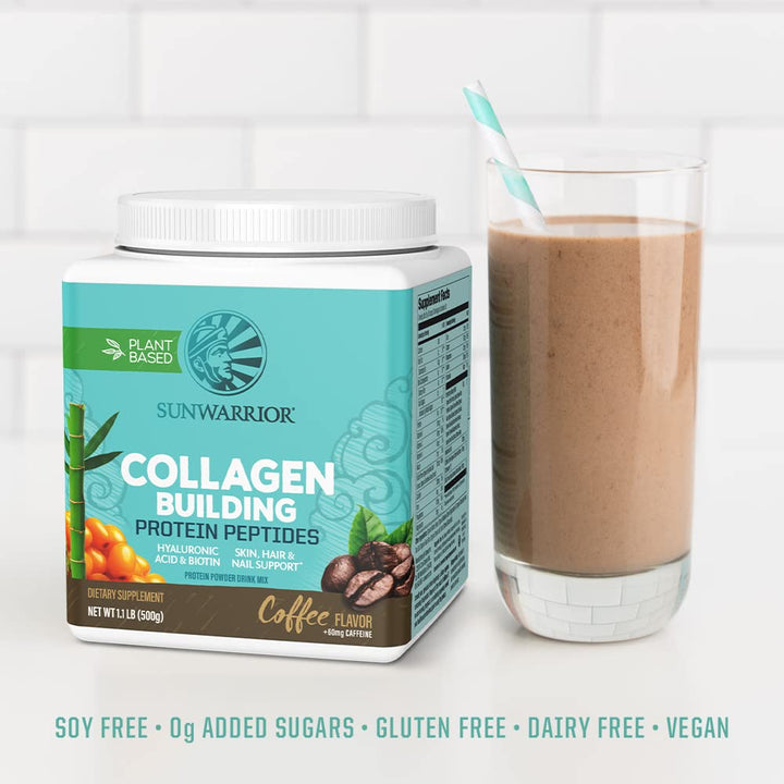Sunwarrior vegan collagen ingredients with greens highlight plant proteins.