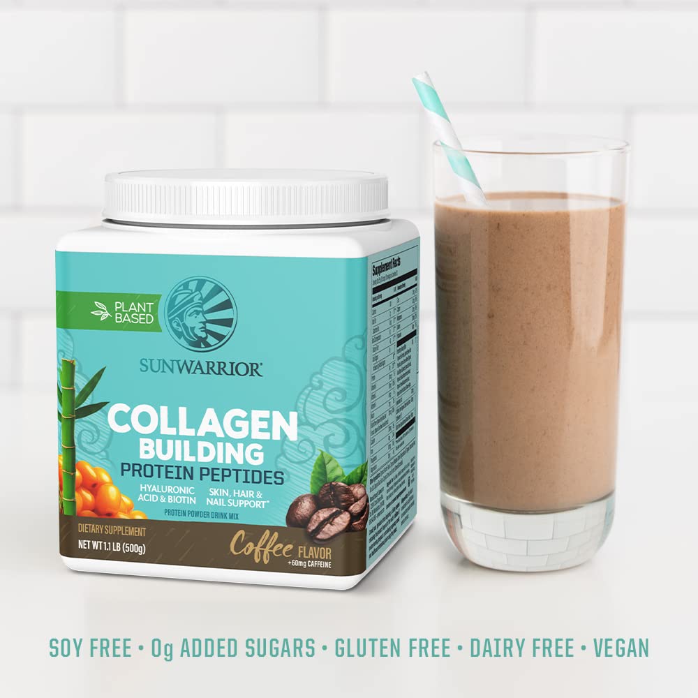 Sunwarrior vegan collagen ingredients with greens highlight plant proteins.