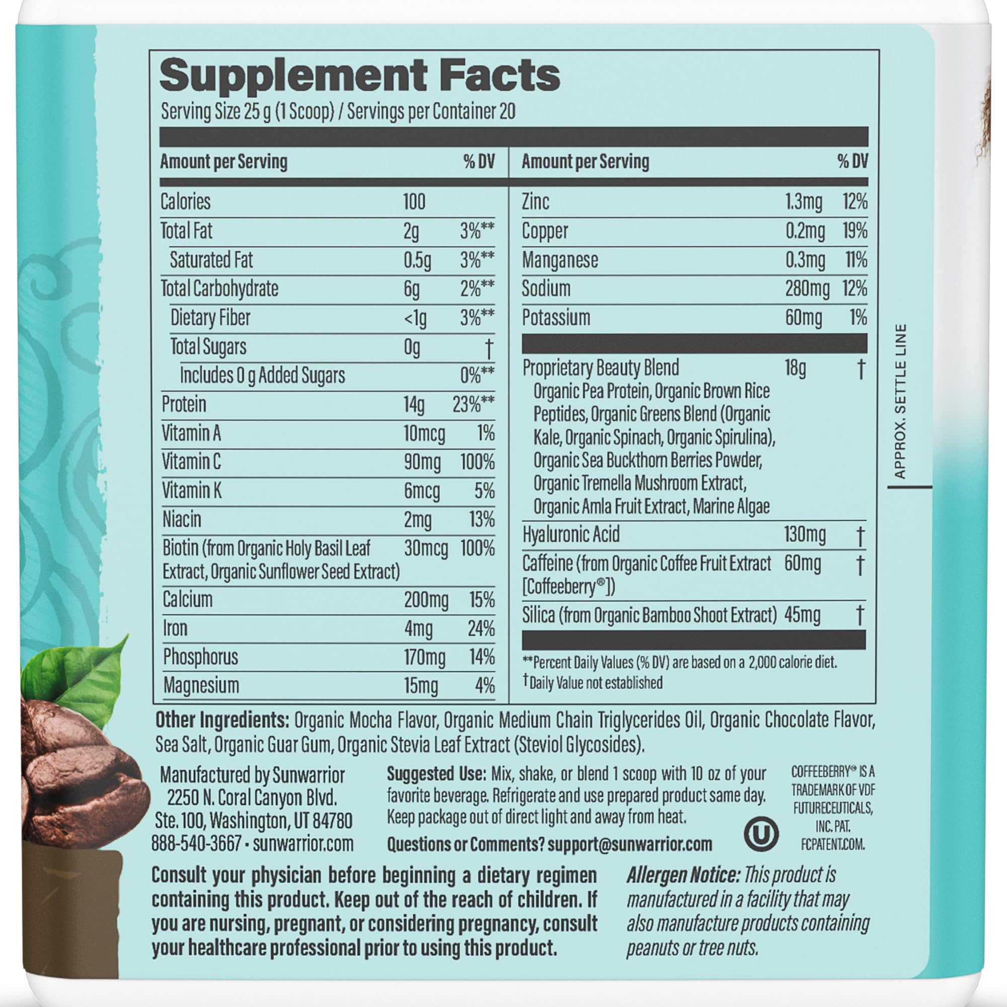 Sunwarrior vegan collagen powder scoop measuring a precise serving.