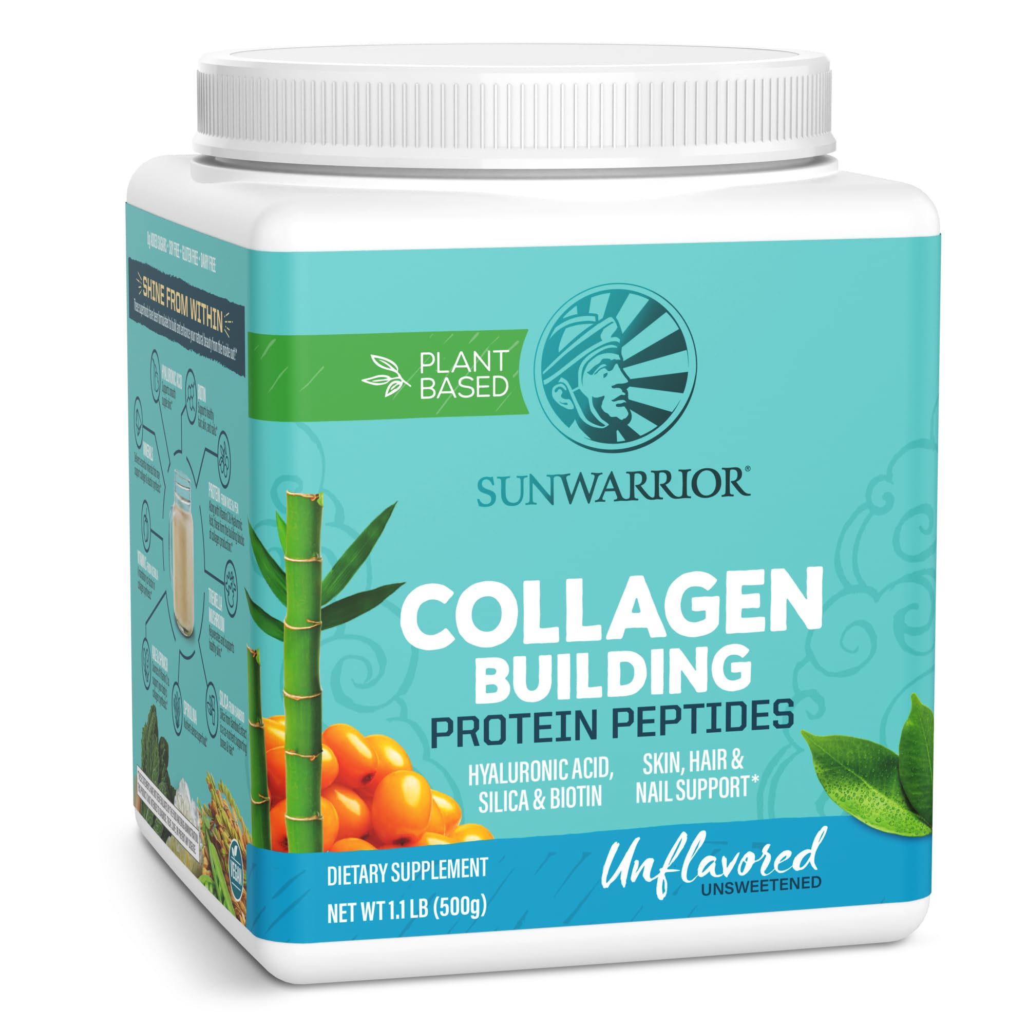 Sunwarrior vegan collagen powder bottle showing dairy-free, plant-based hair and skin support