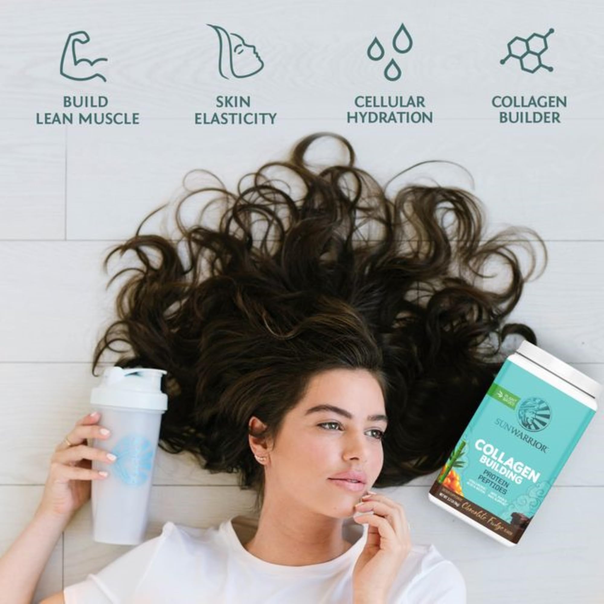 Sunwarrior vegan collagen protein powder chocolate ingredients close-up highlighting clean formula