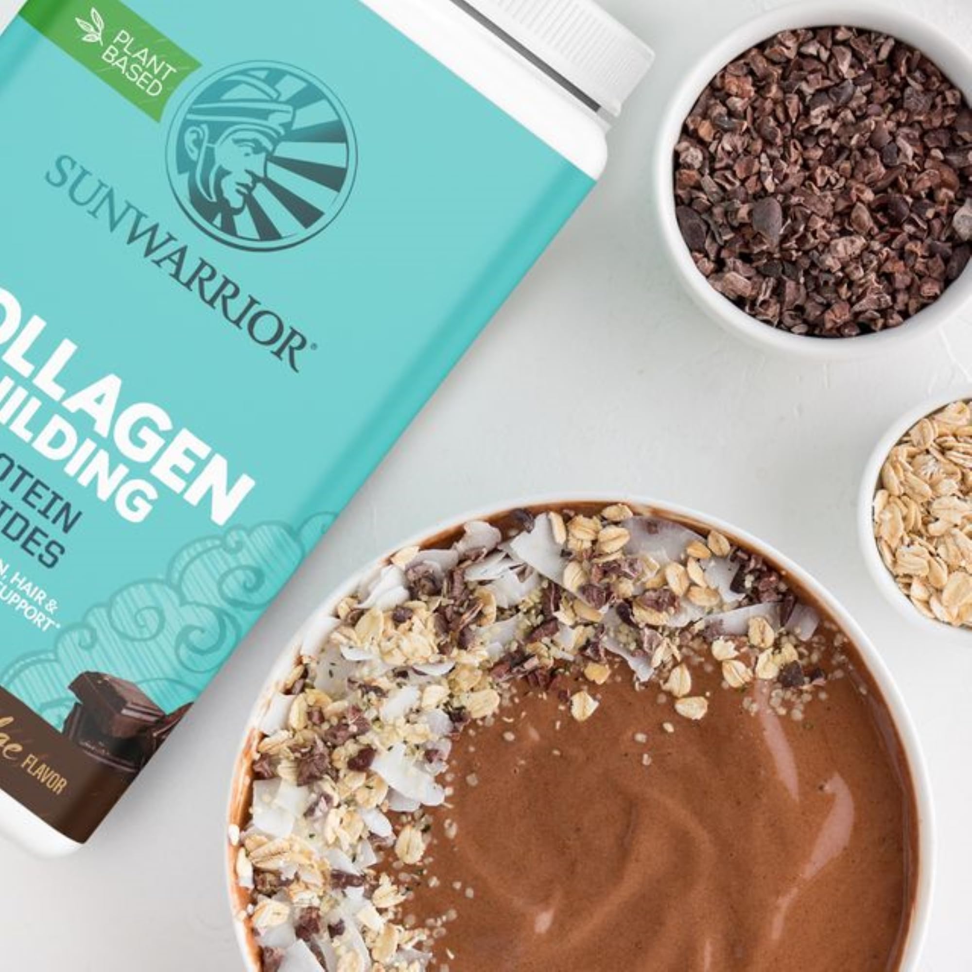 Sunwarrior vegan collagen protein powder chocolate packaging on display