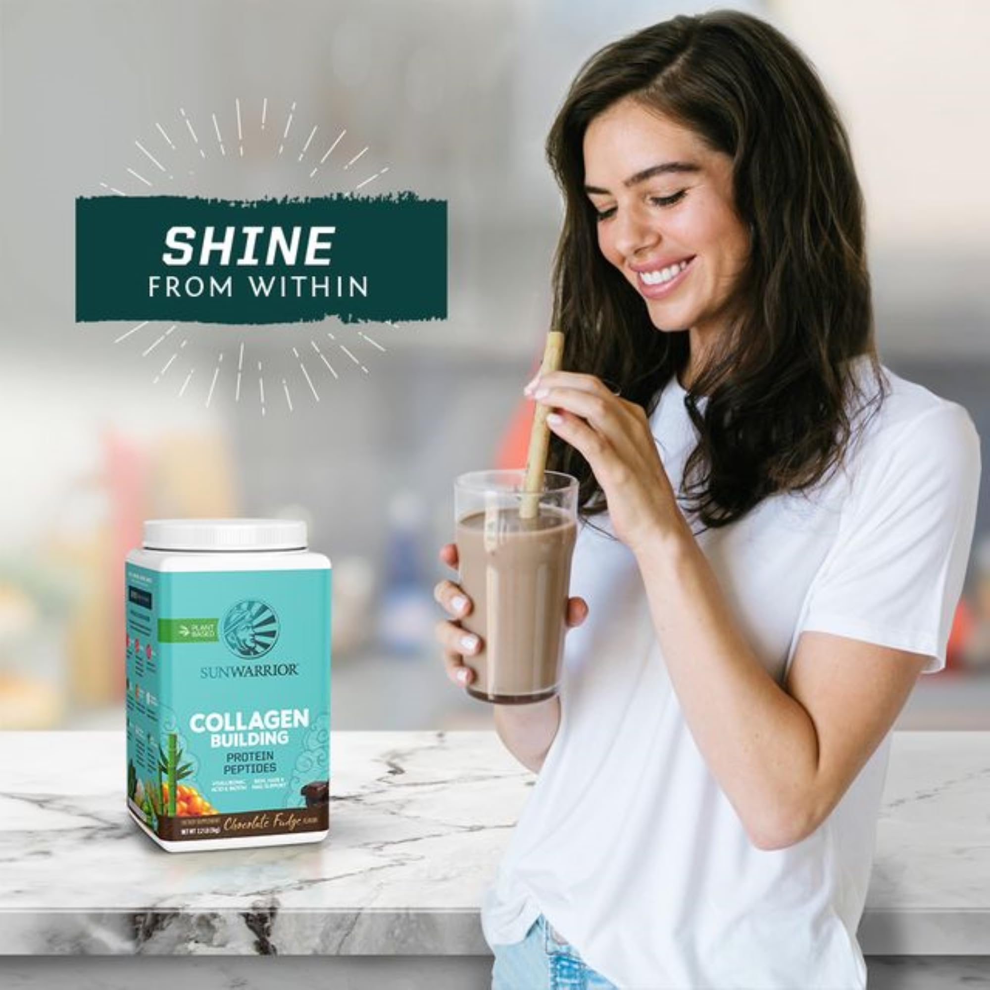 Sunwarrior vegan collagen protein powder chocolate ready-to-drink shake in glass