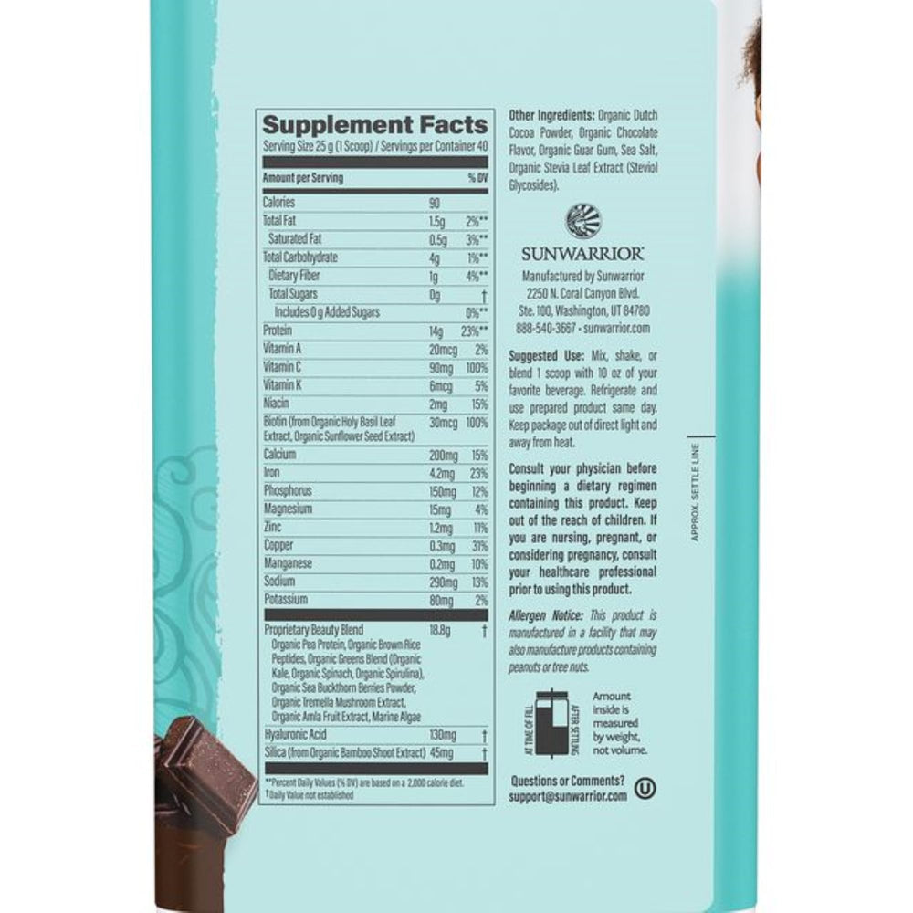 Sunwarrior vegan collagen protein powder chocolate scoop displaying creamy mix