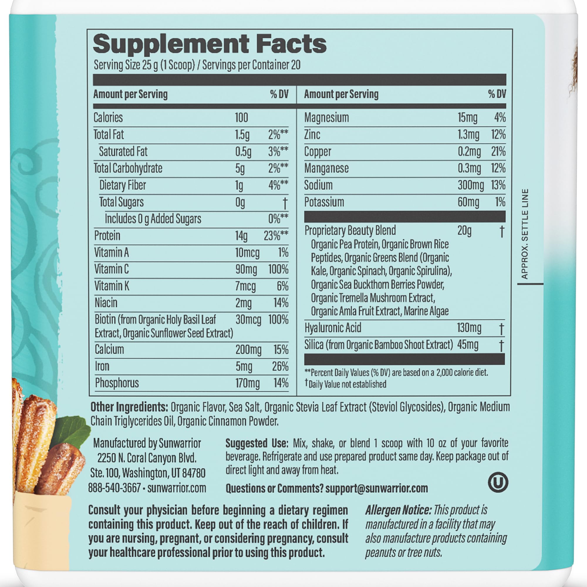Sunwarrior churro collagen powder scoop beside the powder for quick shake.