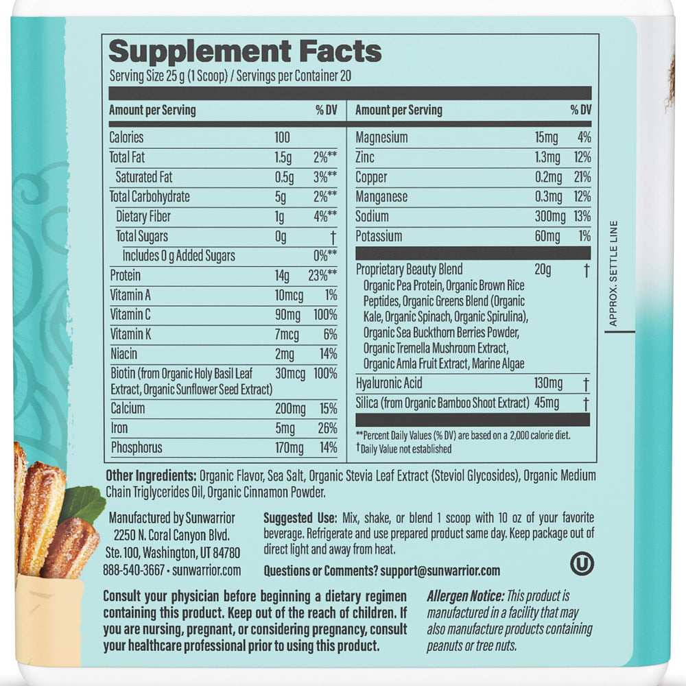 Sunwarrior churro collagen powder scoop beside the powder for quick shake.