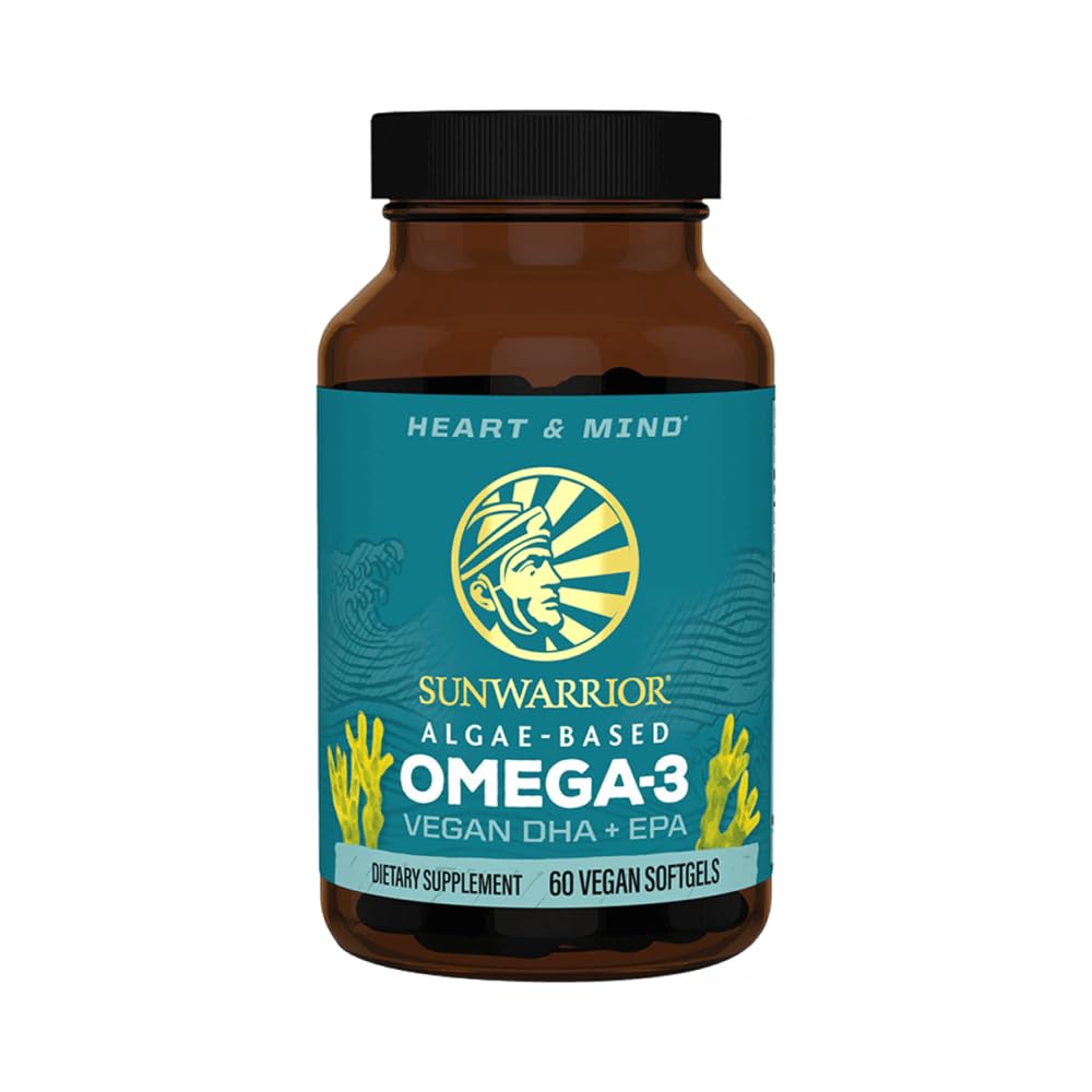Sunwarrior vegan omega-3 bottle close-up highlighting algae oil for brain and heart support