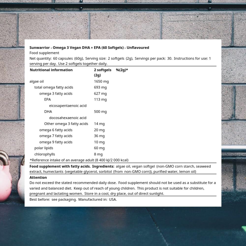 Sunwarrior Omega-3 softgels arrangement emphasizing plant-based DHA and eye health benefits