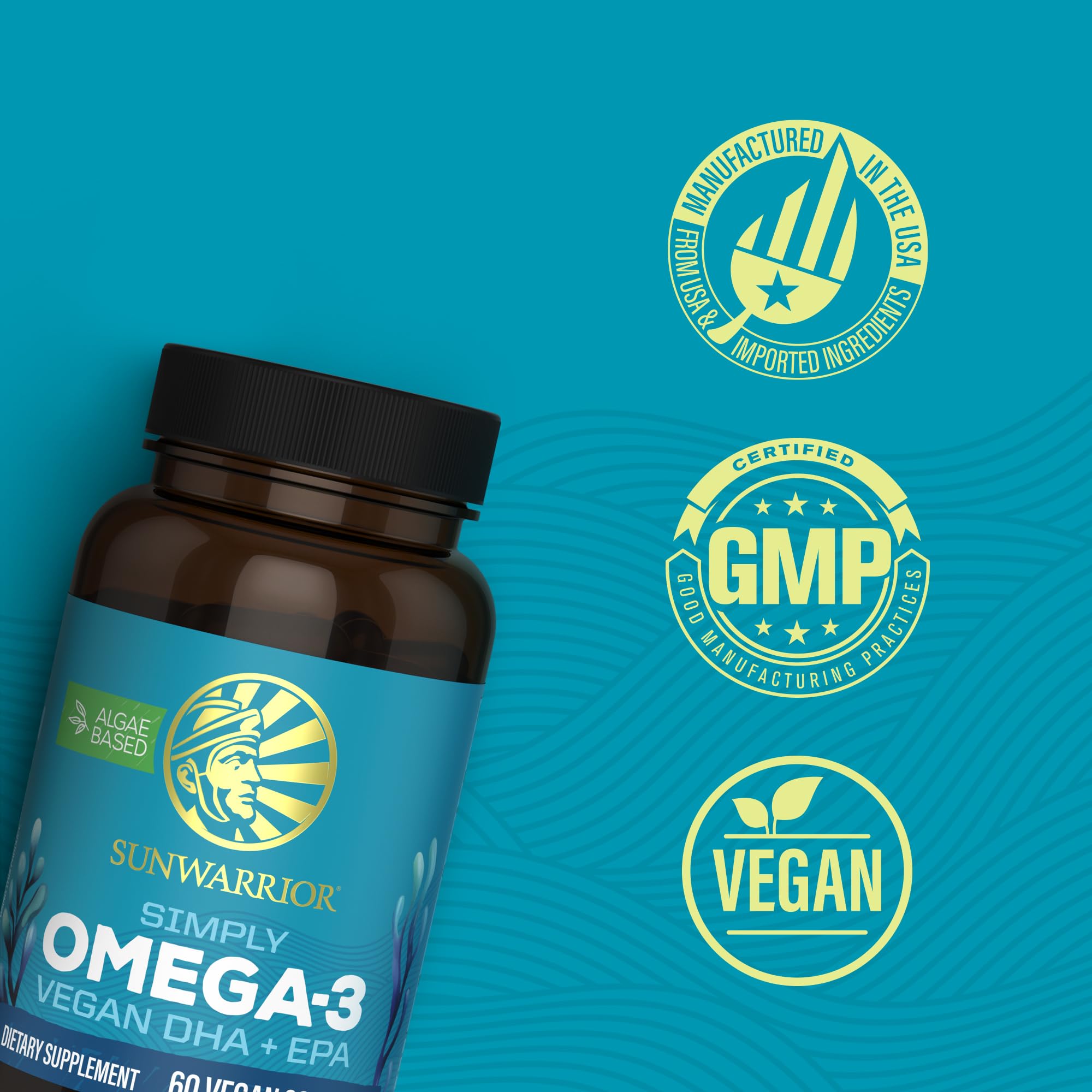Sunwarrior omega-3 label view on bottle emphasizing a clean carrageenan-free formula.