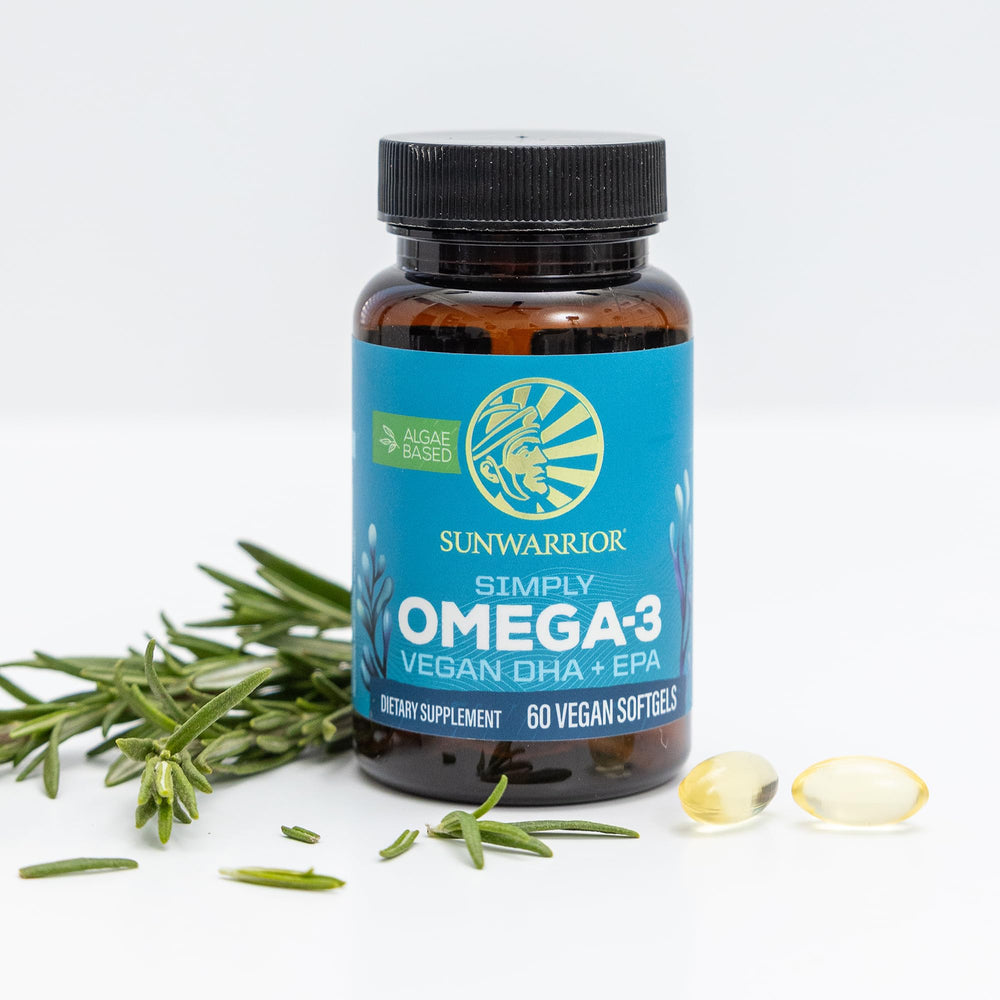 Sunwarrior omega-3 serving with glass of water highlights a simple daily routine.