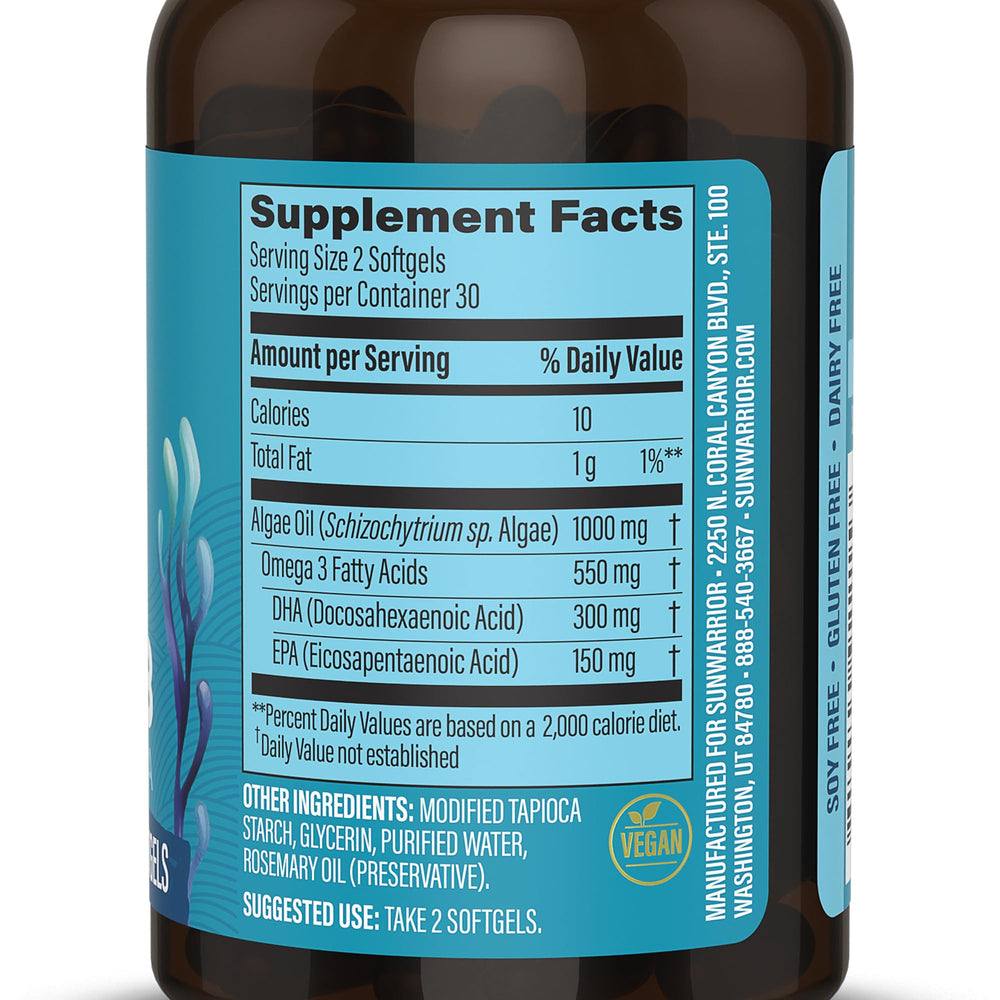 Sunwarrior vegan omega-3 softgels closeup for convenient daily supplement uses.