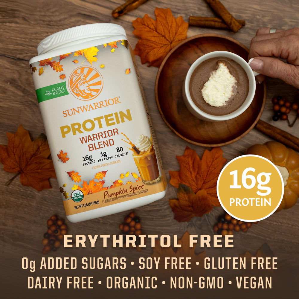 Sunwarrior vegan protein ingredient label highlights organic, non-GMO plant-based ingredients.