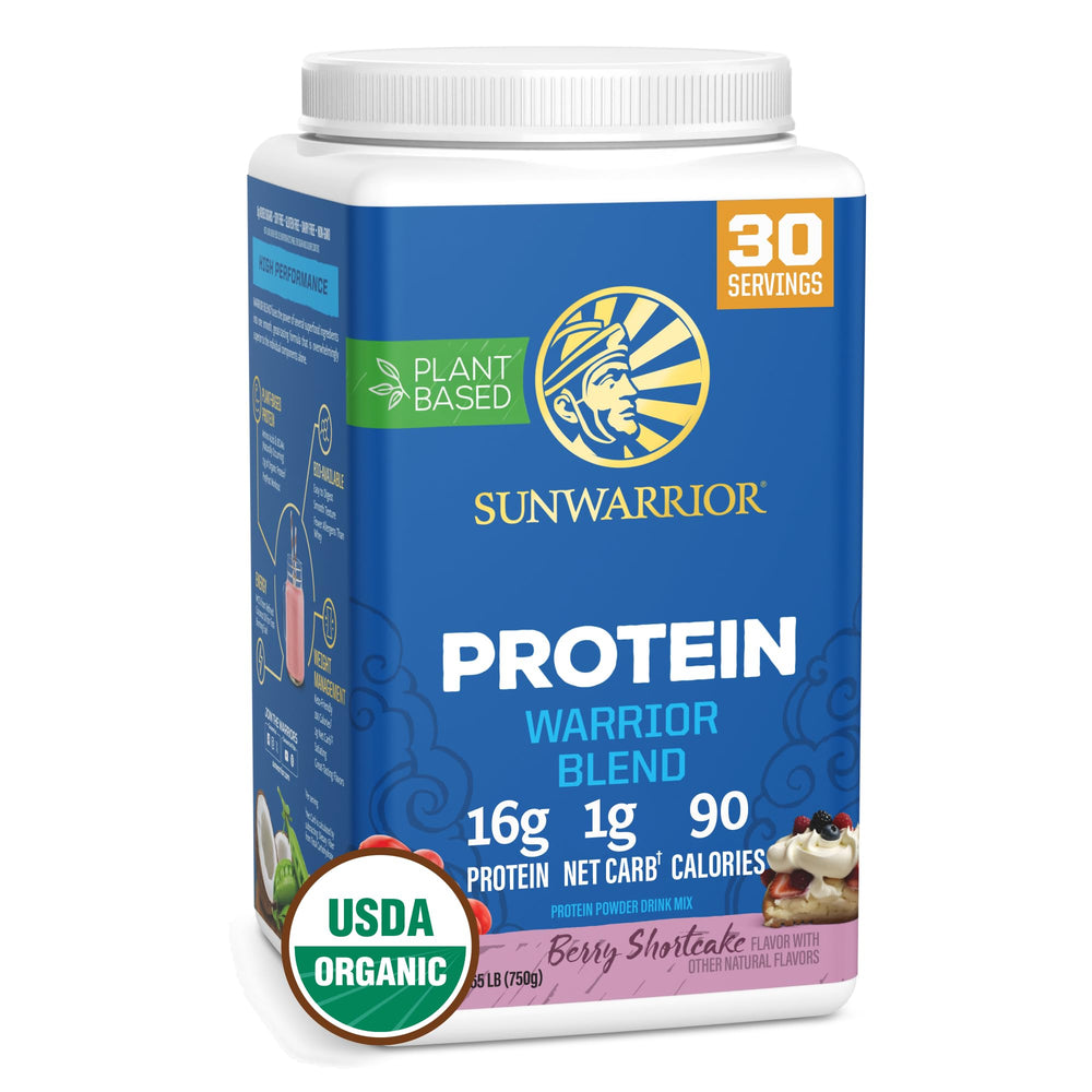 Sunwarrior Warrior Blend berry protein bottle promotes vegan nutrition for active lifestyles