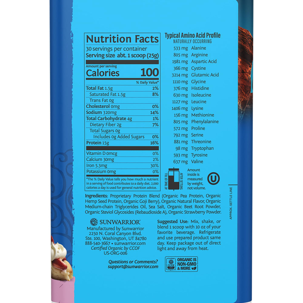 Sunwarrior Warrior Blend berry powder scoop highlights plant-based amino acids