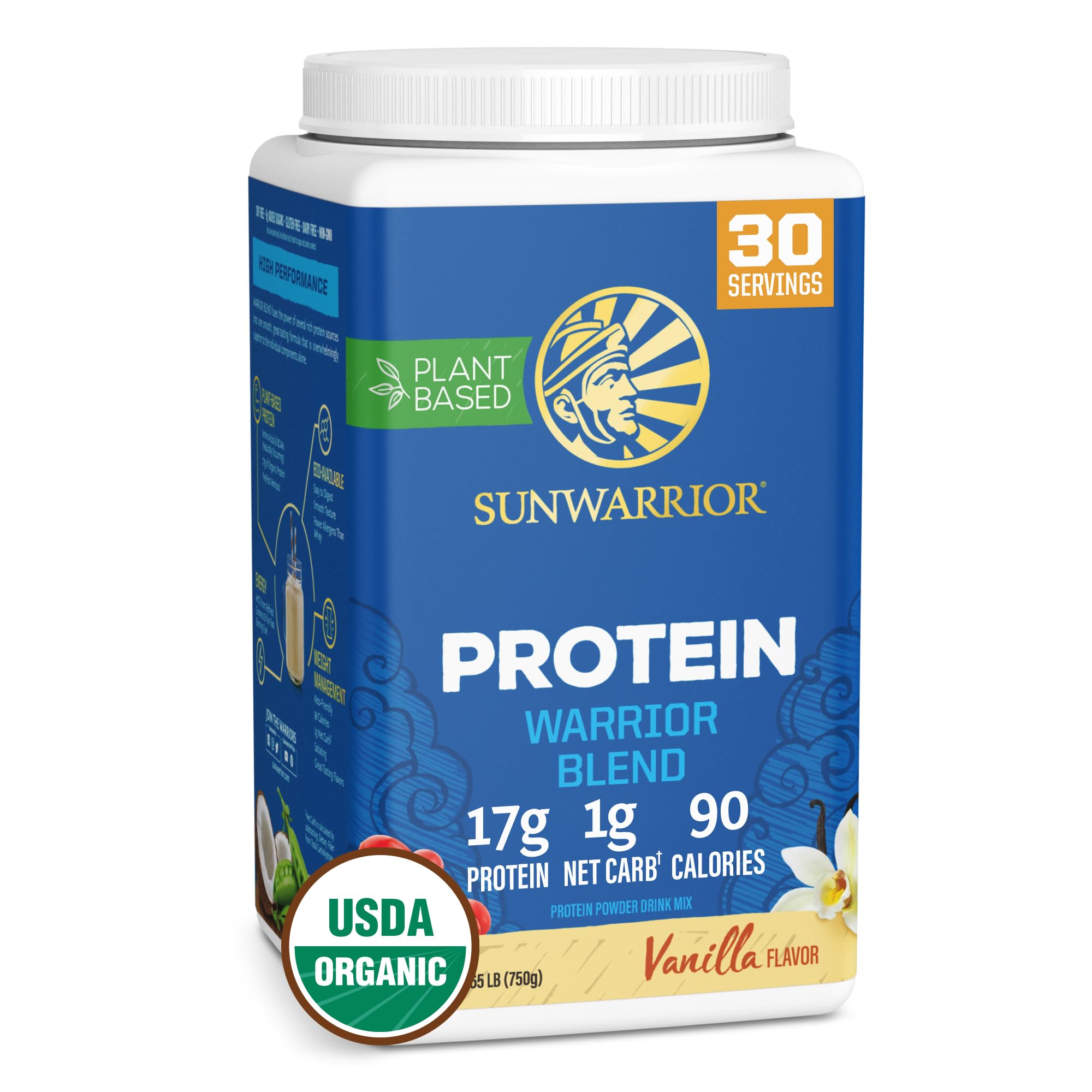 Sunwarrior Warrior Blend vanilla bottle shows plant-based protein for daily workouts.