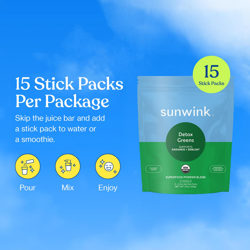 Sunwink Detox Powdered Greens ingredients close-up featuring celery, dandelion, spirulina