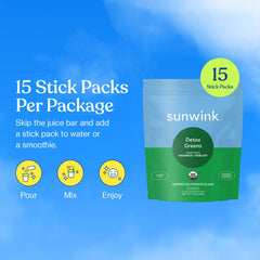 Sunwink Detox Powdered Greens ingredients close-up featuring celery, dandelion, spirulina