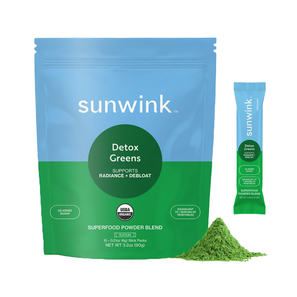 Sunwink Detox Powdered Greens pack shot showing clean organic greens blend