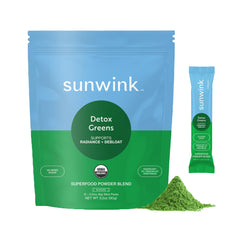 Sunwink Detox Powdered Greens pack shot showing clean organic greens blend