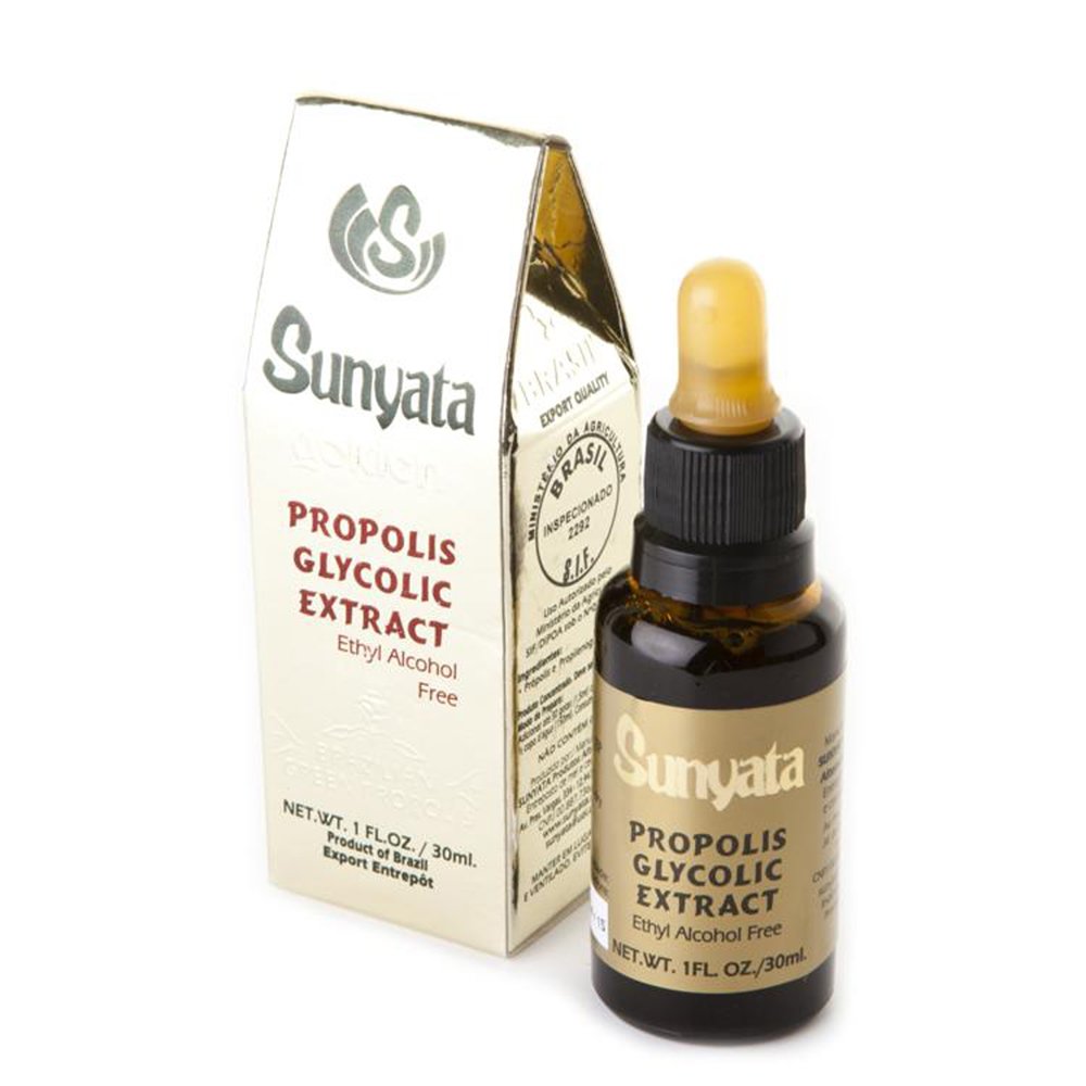 Sunyata Brazilian Green Propolis bottle shows a premium, alcohol-free liquid for easy dosing.