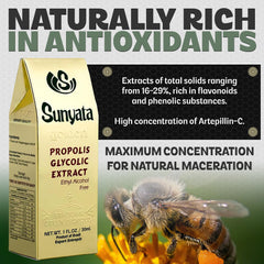 Sunyata premium green propolis amber liquid highlights purity and quality.