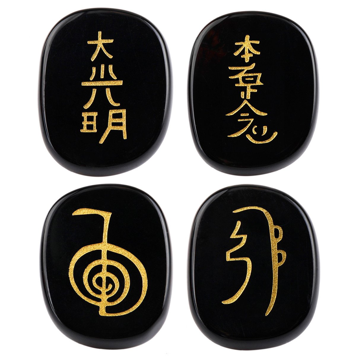 SUNYIK flat oval black agate palm stone with engraved Usui symbols for meditation and grounding.