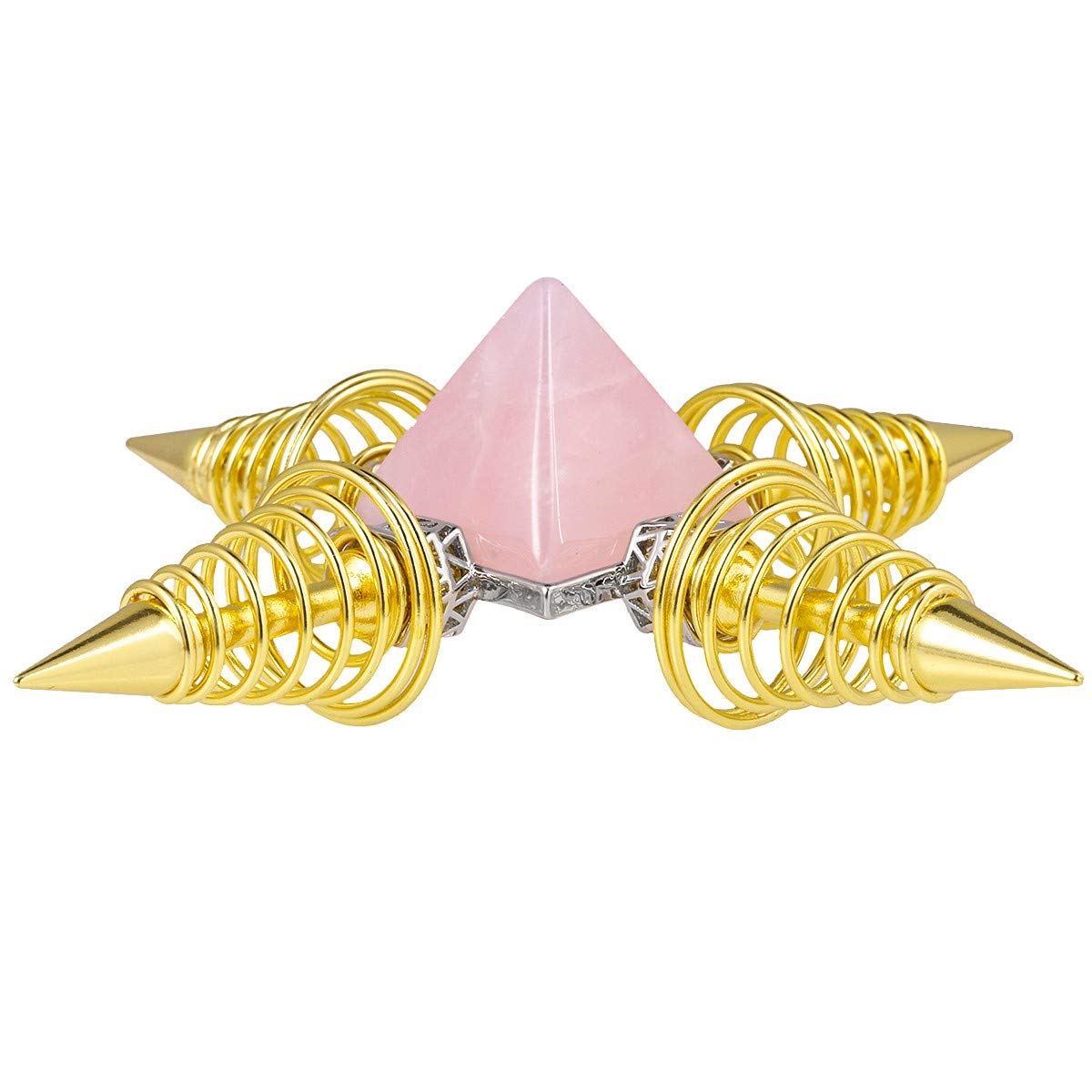 Gold-plated pyramid detail on rose quartz, showcasing craftsmanship and focal energy point.