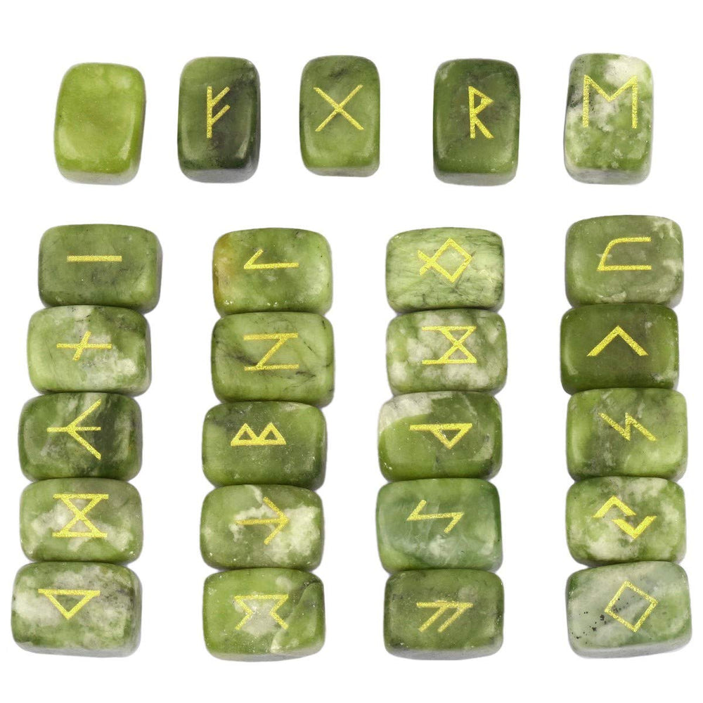 SUNYIK green jade rune stones with gold engraving for meditation and divination