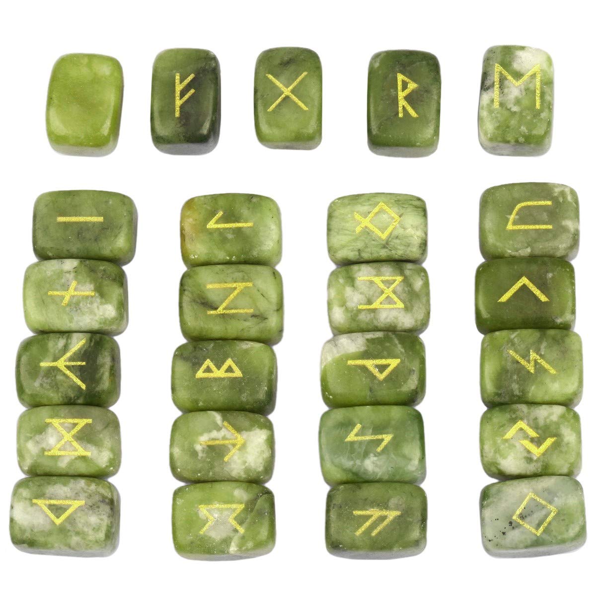 SUNYIK green jade rune stones with gold engraving for meditation and divination