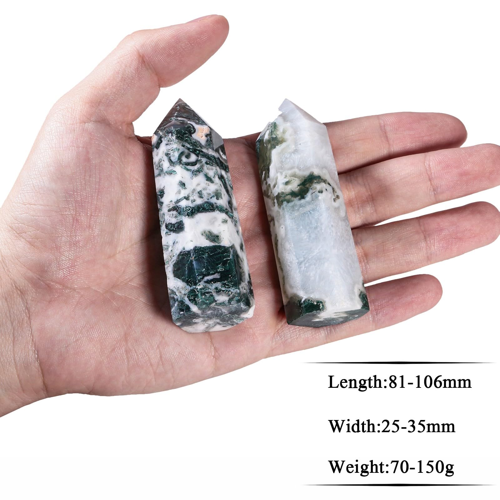 SUNYIK moss agate wand held in hand highlighting compact pocket size for practice