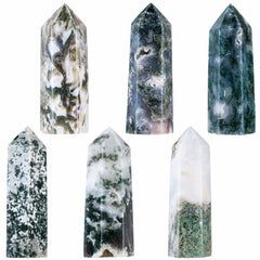 SUNYIK moss agate wand hexagonal point detail reveals six-faceted sparkle