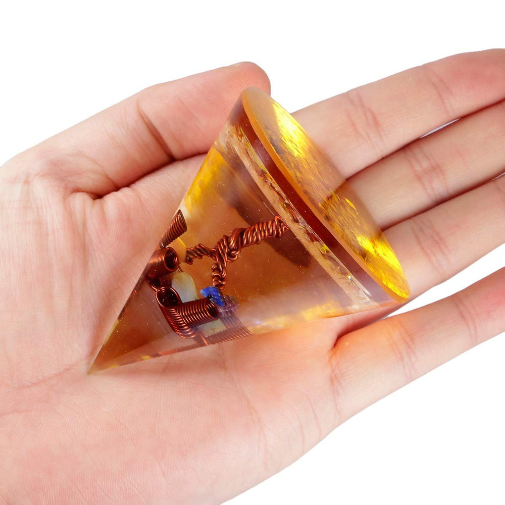 SUNYIK Orgone Pyramid crystal-chips detail reveals natural stones and copper weave