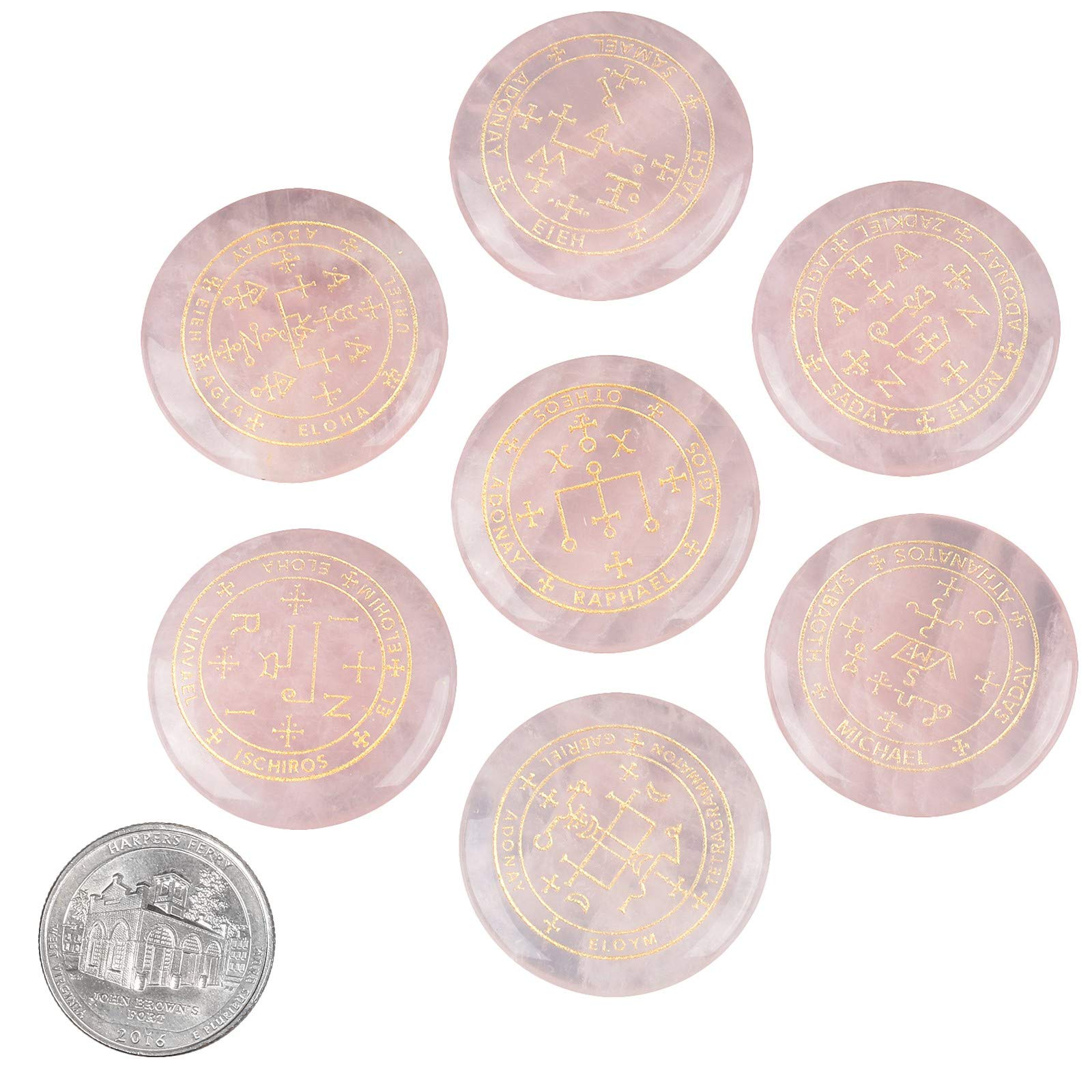 SUNYIK round engraved talisman showing archangel sigil on rose quartz surface