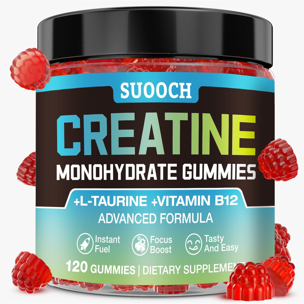 SUOOCH Creatine Gummies raspberry bottle shown for on-the-go fitness support