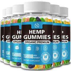 SUOOCH Hemp Gummies six-pack bundle with colorful bears; supports daily wellness.