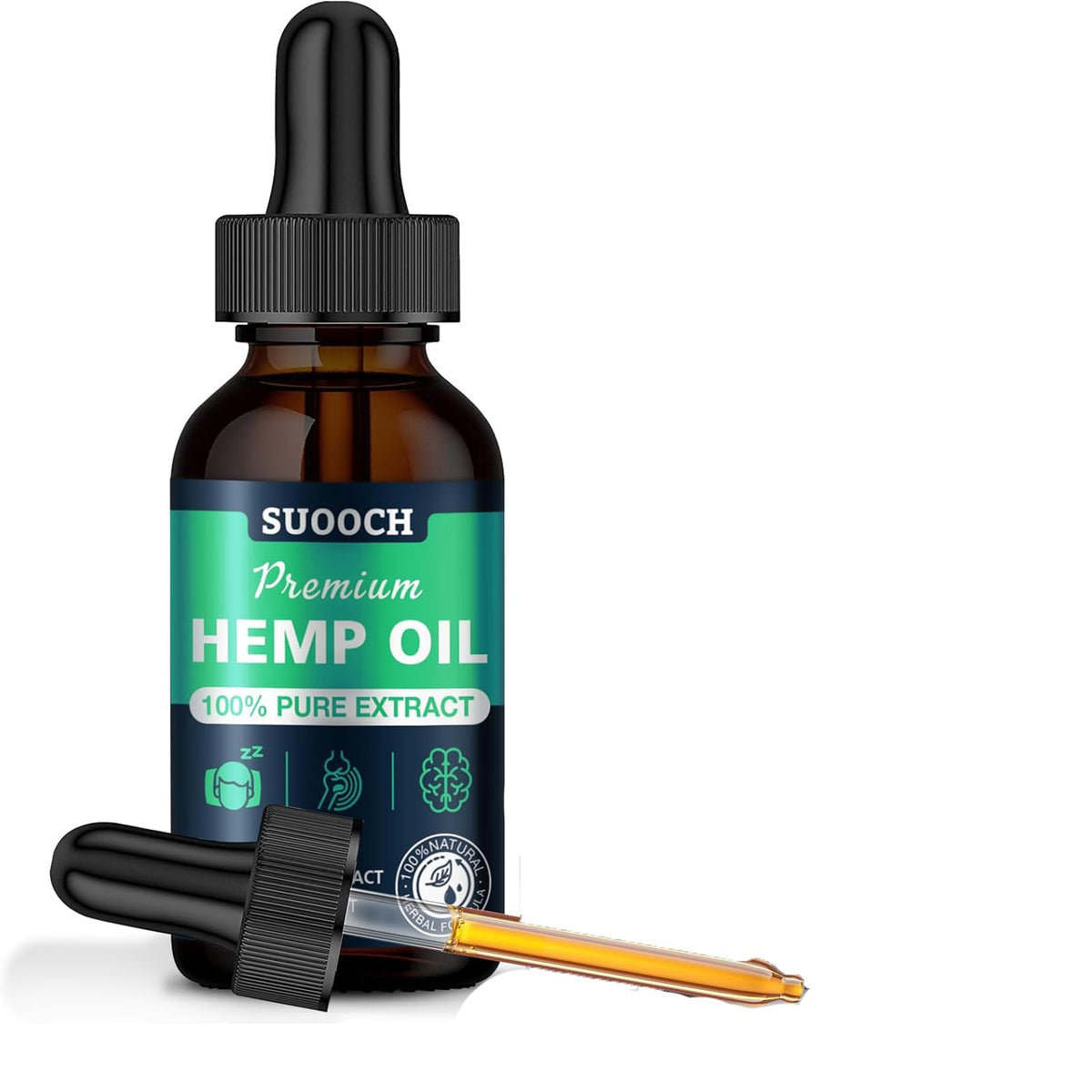 SUOOCH hemp oil drops bottle shows natural organic formula for adults.