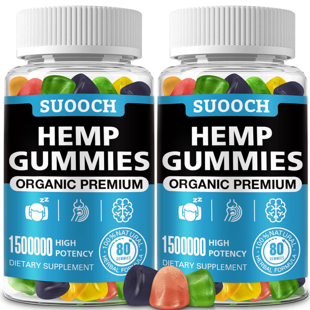 SUOOCH organic hemp gummies bottle suggests relaxation and daily focus.