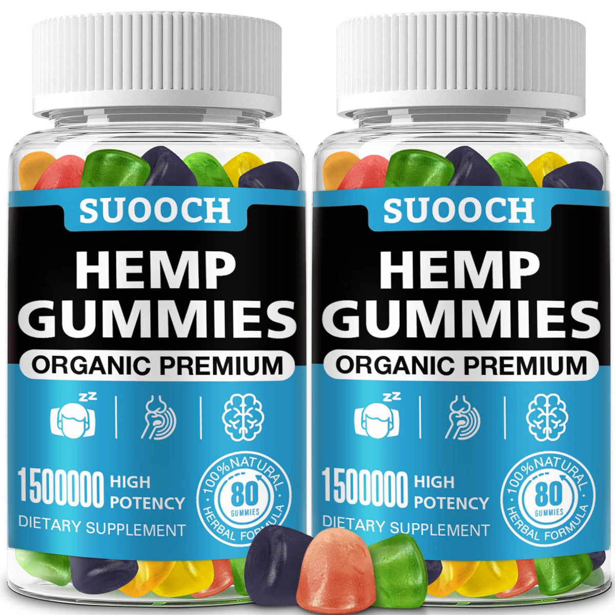 SUOOCH organic hemp gummies bottle suggests relaxation and daily focus.