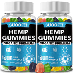 SUOOCH organic hemp gummies bottle suggests relaxation and daily focus.