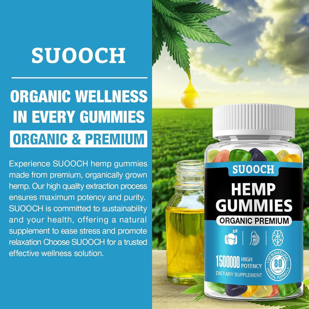 SUOOCH gummies jar close-up shows soft, chewy texture and fruity flavors.