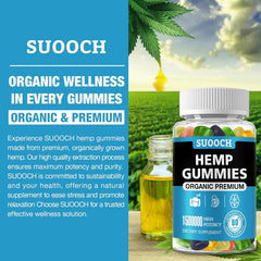 SUOOCH gummies jar close-up shows soft, chewy texture and fruity flavors.