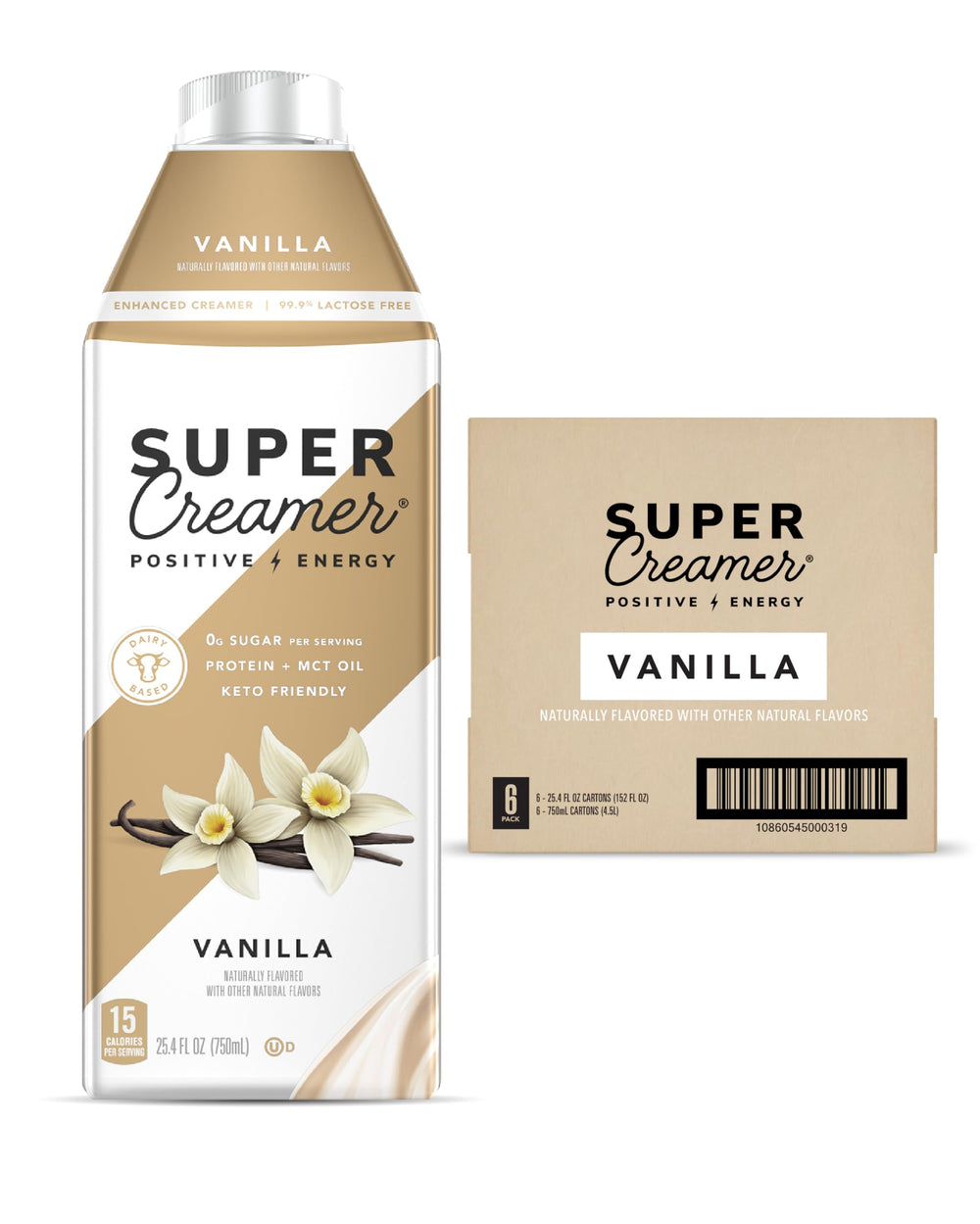 SUPER COFFEE Vanilla Creamer bottle front view, showcasing a sugar-free formula.