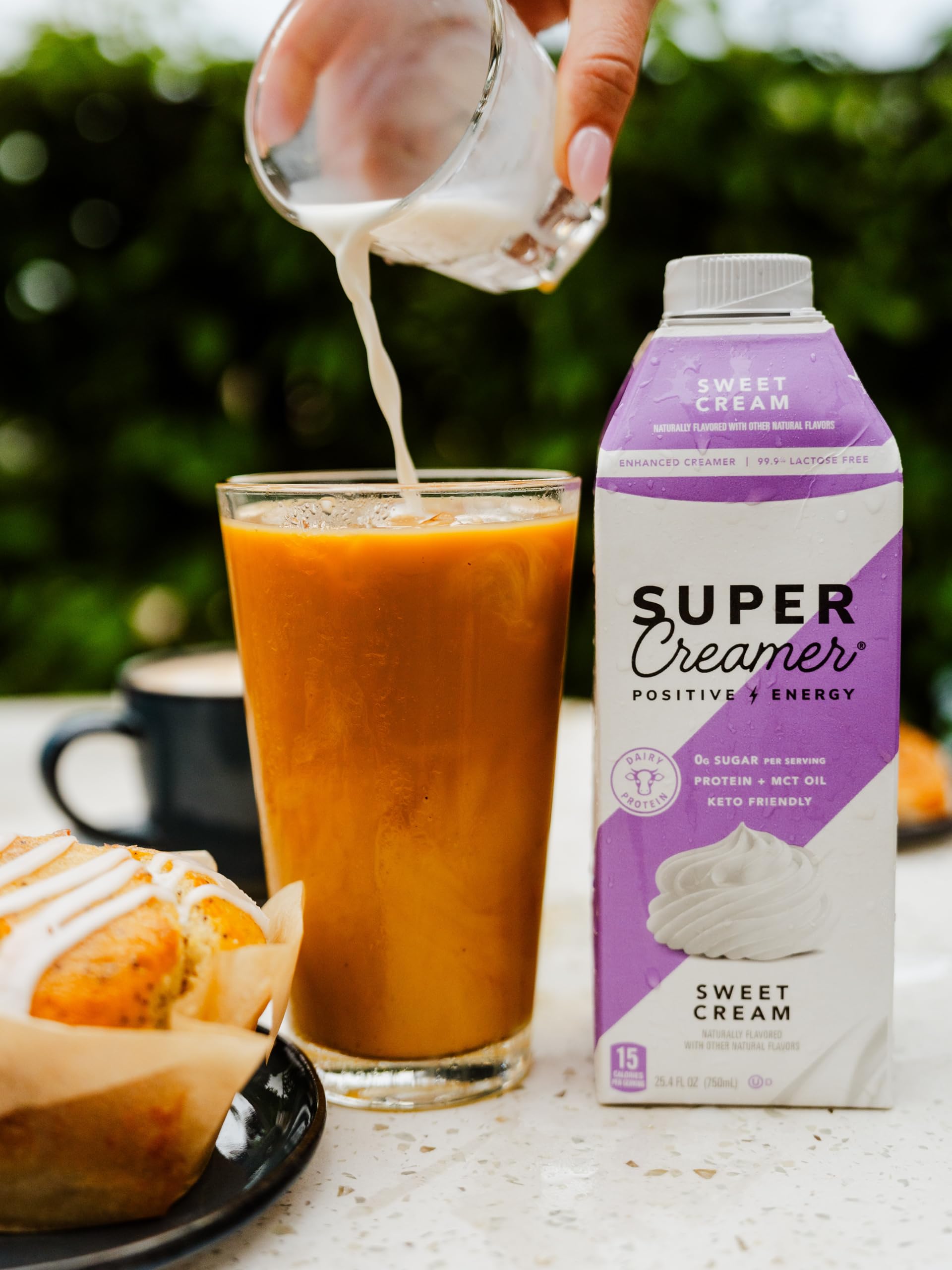 Nutrition panel close-up on SUPER COFFEE Vanilla Creamer showing 0g sugar and 15 calories.