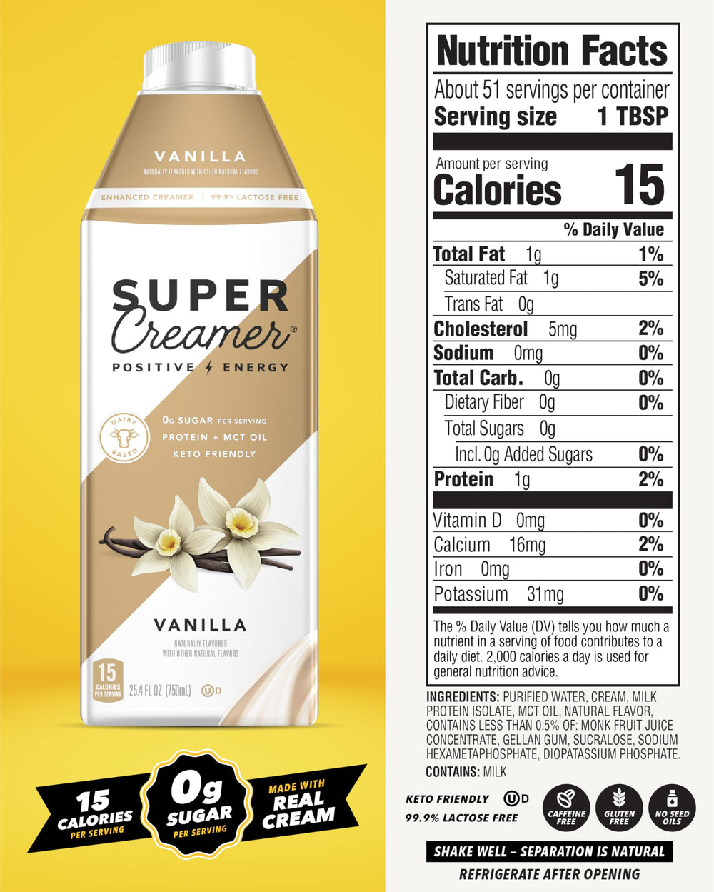 SUPER COFFEE Vanilla Creamer being poured into a mug for a creamy, sugar-free addition.