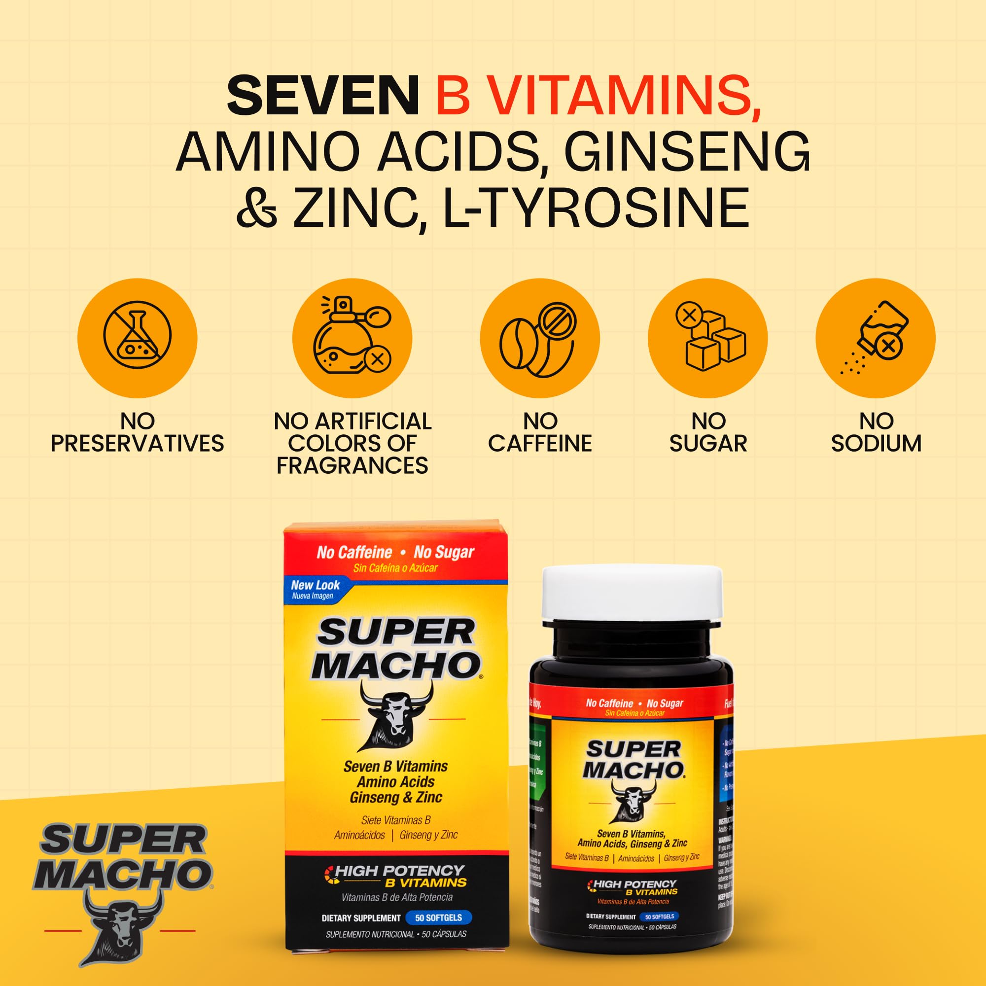 Super Macho bottle back label highlights caffeine free and sugar free design.